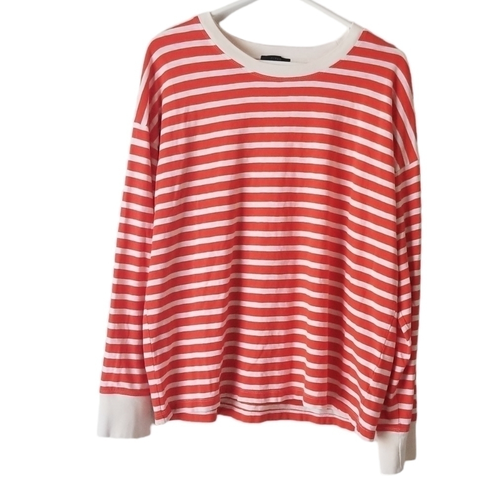 J Crew Long-sleeve Orange/White Striped Ringer T-shirt Size L Crewneck